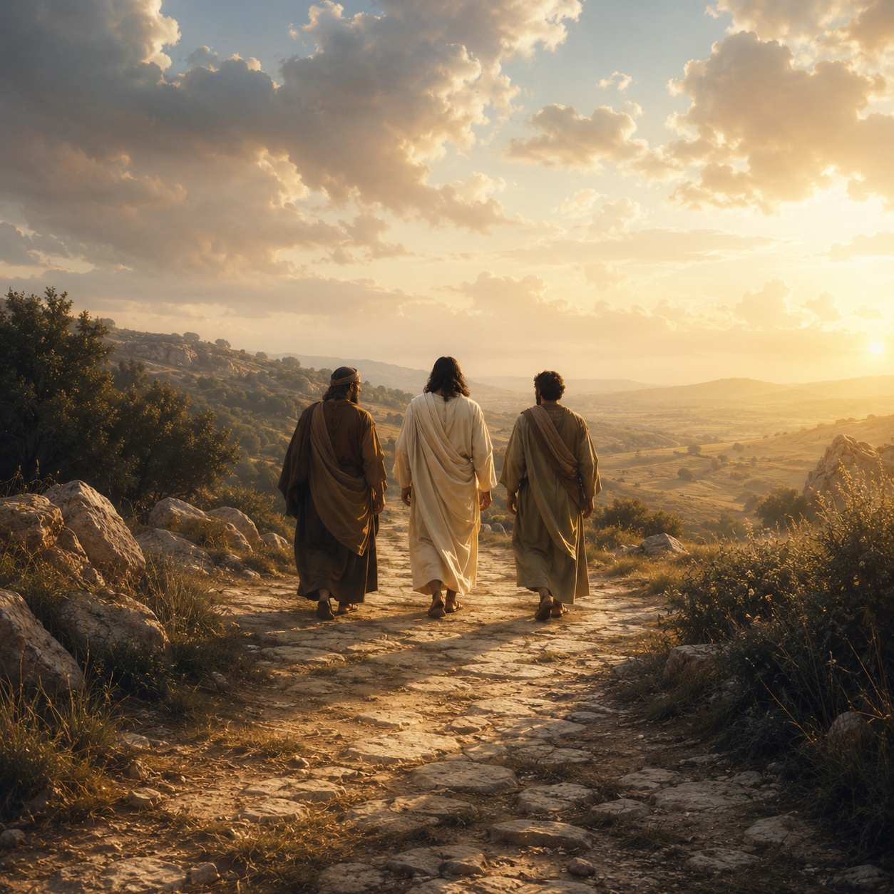 Jesus caminhando com os dois discípulos no caminho de Emaús